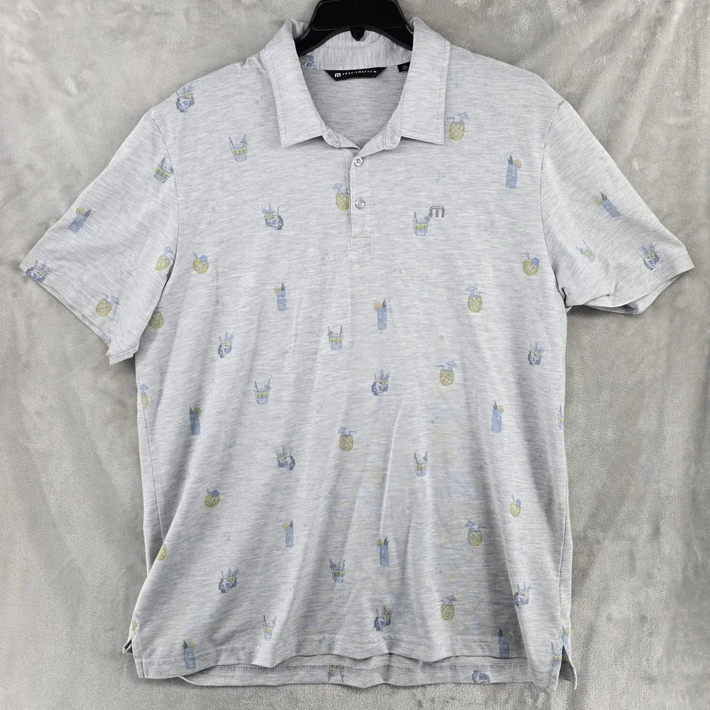 Travis mathew Polo‎ Shirt Mens 2XL Gray Vacation Skull Drinks Soft